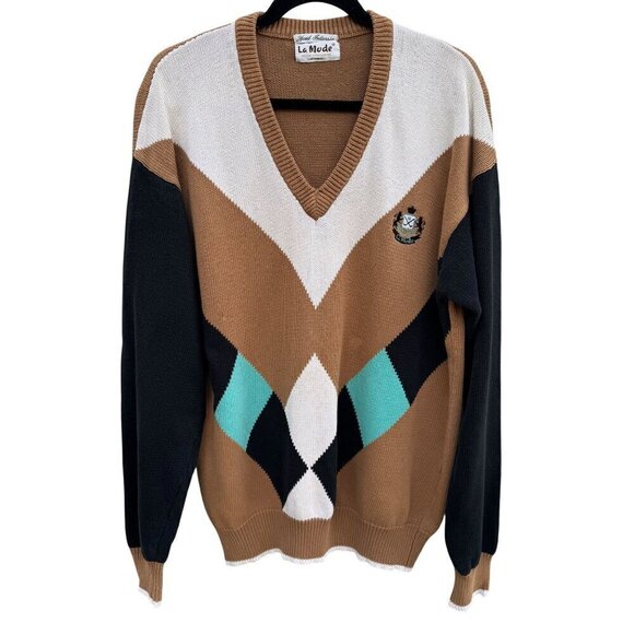 La Mode Active Sportswear Vintage Mens V-Neck Argyle Brown Knit Grandpa Sweater - Picture 1 of 12